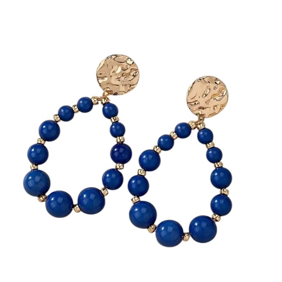 Royal Blue and Gold Beaded Teardrop Drop Earrings - Picture 1 of 5